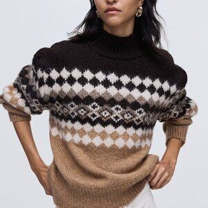 H&M Beige Patterned Jacquard-Knit Mock Turtleneck Sweater/NWT/S